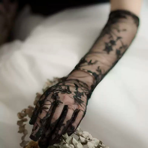 Gothic Black Lace Floral Gloves – Long Sheer Lace Gloves